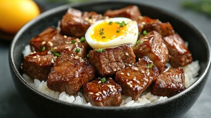 Savory Seared Steak Cubes with Soft-Boiled Egg Gourmet Bowl Contemporary Kitchen Culinary Delight