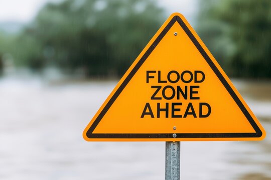 Bright Yellow Flood Zone Ahead Warning Sign with Blurred Background