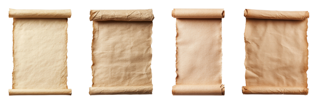 Assorted vintage parchment scrolls on a black background