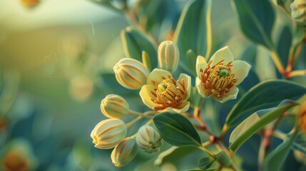 Close-up of jojoba and essential oil bottles with fresh jojoba seeds, highlighting the organic and natural qualities of jojoba oil for skincare and beauty products. Generative AI