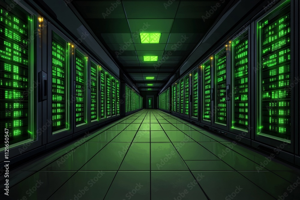 Poster A pixel art database room with animated blinking servers and glowing green lights, rendered in retro 8-bit style