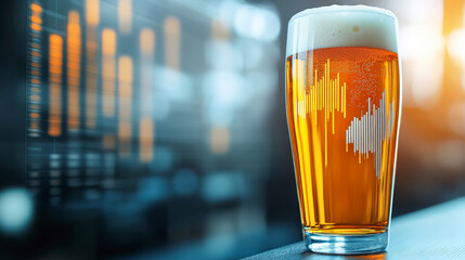 A pint of beer with a frothy head sits on a bar, set against a backdrop of glowing financial market graphs.