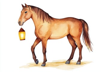 Obraz premium Watercolor Horse with Lantern Christmas Cozy Winter Scene Whimsical Clipart