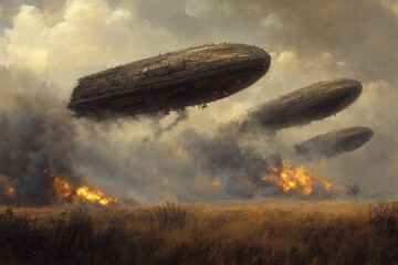 Naklejka premium Airship attack in a fiery landscapea dramatic scene of destruction and adventure fantasy art environment wide angle view