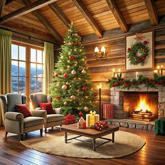 Obraz premium A cozy chalet living room adorned with Christmas decorations, featuring