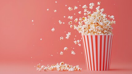 Overflowing Popcorn in Striped Bucket Against Vibrant Pink Background