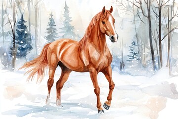 Obraz premium Watercolor Chestnut Horse Winter Wonderland Snow Scene Painting