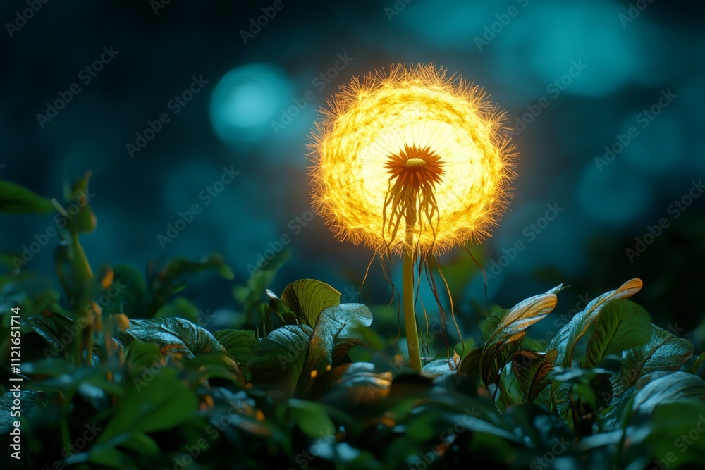 Poster a serene image of a dandelion puff with seeds tangled in spider silk, glowing softly in early mornin