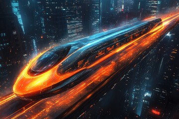 Futuristic high-speed train racing through neon cityscape urban environment aerial view conceptual technology innovation