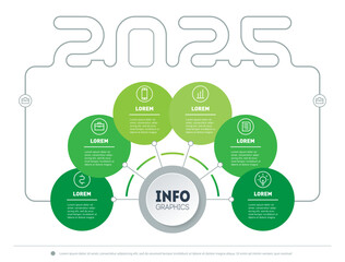 Striking infographic of the year 2025, using a clean, minimalist aesthetic with geometric circular elements and connected data points. Organized layout for presenting various types of information.