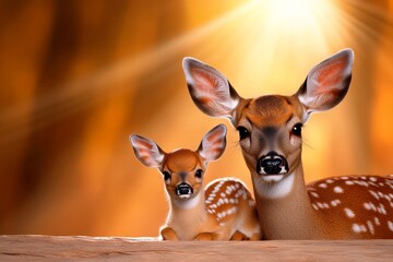 A serene image of a deer and its fawn resting under a tree, surrounded by dappled sunlight and soft shadows