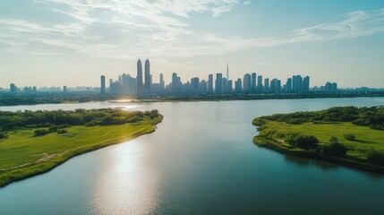 the city skyline across the river, with vast green fields stretching out towards the water. The contrast between the urban landscape