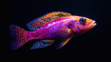 A stunning fish with vibrant colors swims gracefully against a deep black background, its scales reflecting light in mesmerizing patterns