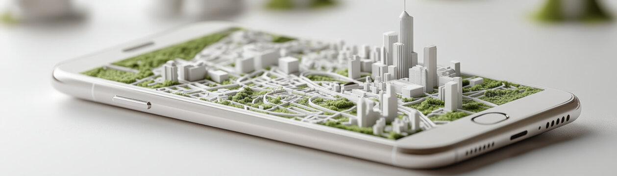 A smartphone displays a miniature 3D cityscape, complete with buildings and greenery, illustrating innovative mobile navigation or urban planning technology.