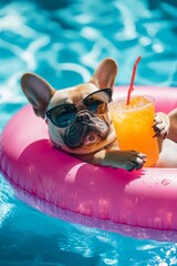 Relaxing French Bulldog in Sunglasses on Pink Float with Refreshing Drink in Pool â€“ Perfect Summer Pet Vibes