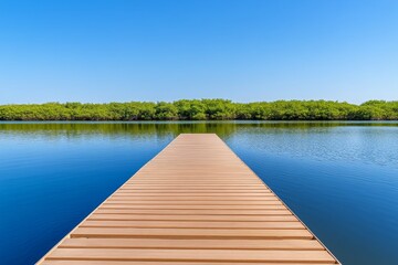 Obraz premium A serene shot of mangroves in Abu Dhabi, with wooden pathways winding through lush greenery and calm blue waters