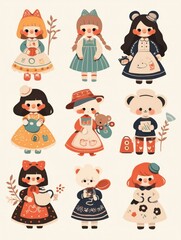 Pastel Flat Style Cartoon Animal Doll Stickers: Simple and Cute Designs