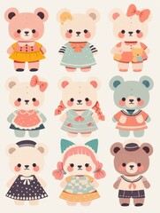 Naklejka premium Pastel Flat Style Cartoon Animal Doll Stickers: Simple and Cute Designs