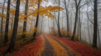 Fototapeta premium Autumnal Enchantment: A Misty Forest Path