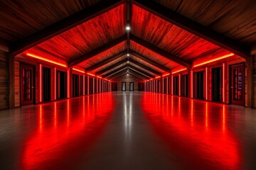 Fototapeta premium A shadowy representation of a data center lit by glowing red lights, with an ominous and mysterious mood