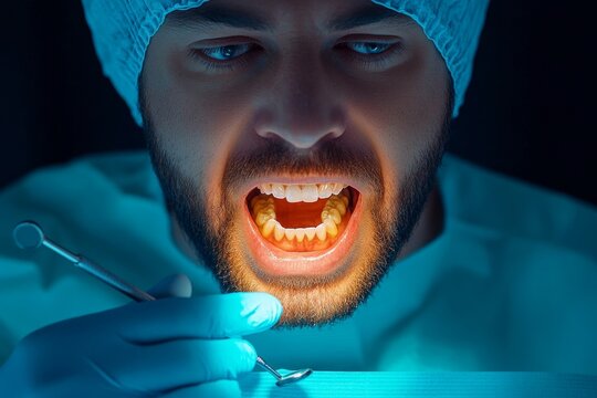 A shadowy depiction of a dentist performing a procedure under eerie lighting, with an ominous yet captivating atmosphere