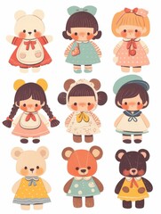 Fototapeta premium Pastel Flat Style Cartoon Animal Doll Stickers: Simple and Cute Designs