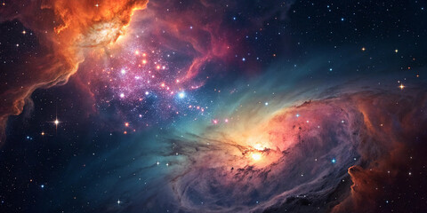 Obraz premium Cloud nebula of a colorful cosmic galaxy. Starry night sky. Astronomy and universe science. Background wallpaper of a supernova planetary planet and moon.