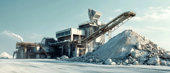 Limestone minerals production facility with large piles of grey stone and sand under a clouded sky...