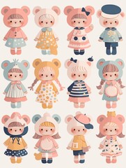 Pastel Flat Style Cartoon Animal Doll Stickers: Simple and Cute Designs
