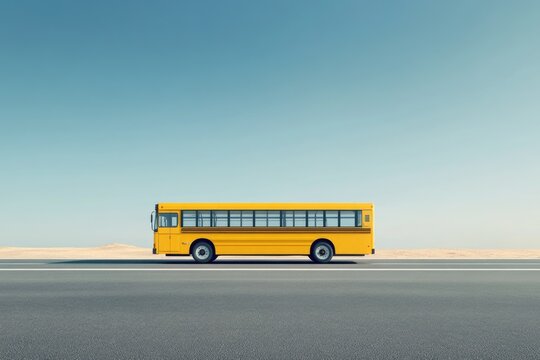 A yellow school bus drives on a long, empty desert road under a clear blue sky.
