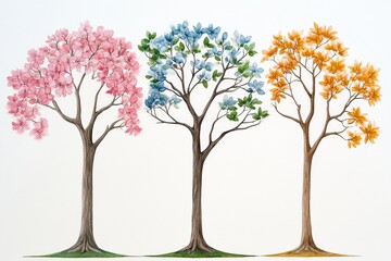 Obraz premium A soft watercolor painting of a tree in four stagesâ€”spring blossoms, summer leaves, autumn colors, and bare winter branches