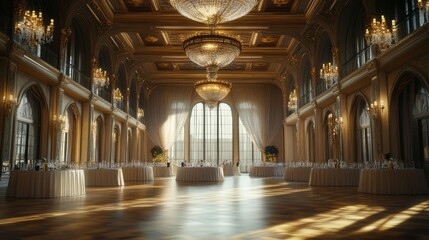 Obraz premium An elegant ballroom featuring chandeliers, large windows, and a polished wooden floor, ideal for events and celebrations.