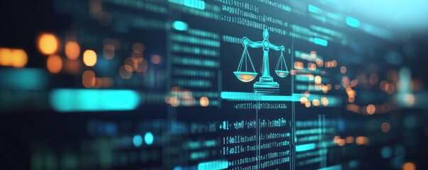 Obraz premium Digital scales of justice with glowing lights and binary code