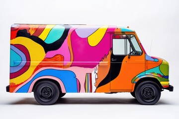 A vibrant, colorful delivery van with abstract art design, showcasing bold shapes and hues.