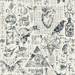 Vintage hand-drawn seamless pattern on occultism, alchemy and witchcraft. Abstract masonic background. Latin phrases translated Think about death, From Nativity of Christ