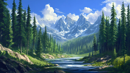 Obraz premium Boreal forest with pine trees anime. Boreal. Illustration