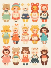 Obraz premium Pastel Flat Style Cartoon Animal Doll Stickers: Simple and Cute Designs