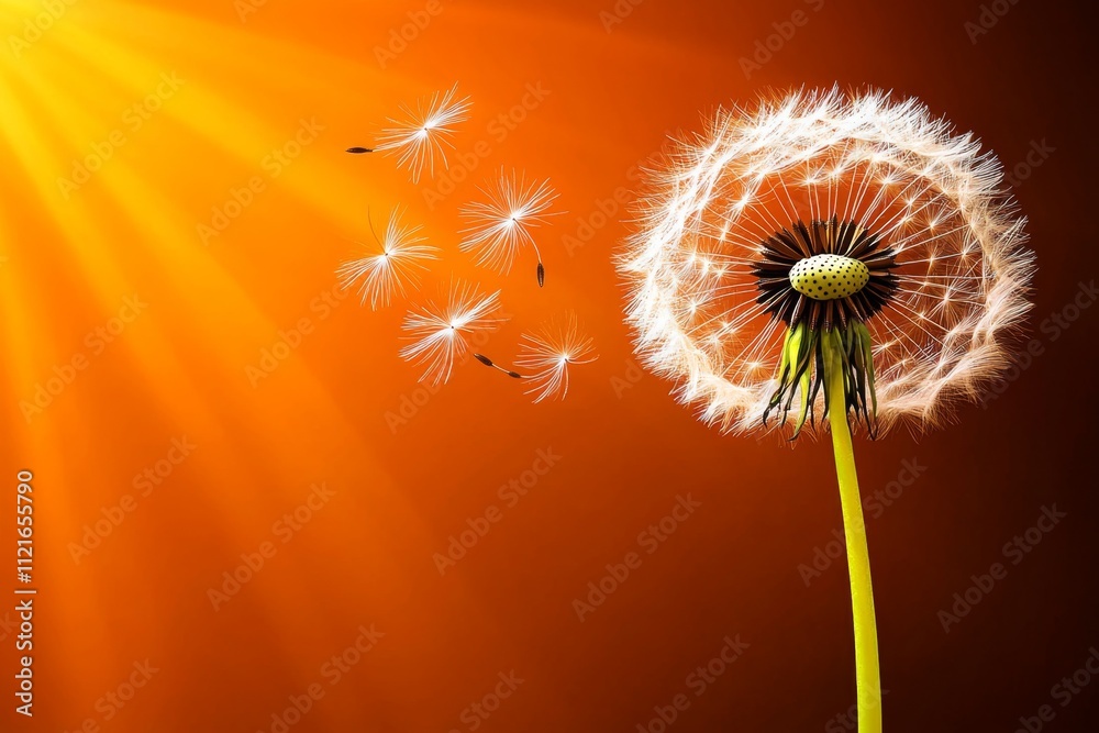 Aufkleber a vibrant image of a child blowing on a dandelion, with seeds floating away into the air under soft 