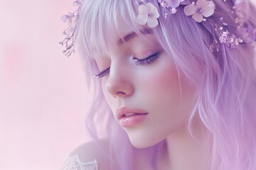 Fototapeta premium Soft Dreamy Portrait of a Young Woman with Lavender Hair and Floral Crown in Pastel Pink Background - Ethereal Beauty and Serenity