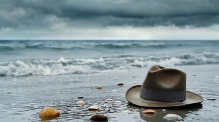 Rainproof Hat on Damp Sand by Shoreline with Dramatic Sky