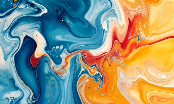 A vibrant abstract painting featuring swirling patterns of blue, orange, and white, creating a fluid and dynamic visual experience.
