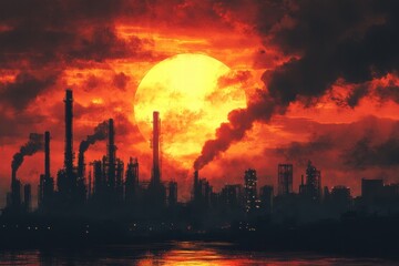 Fototapeta premium Industrial pollution at sunset urban landscape environmental impact smokestacks dramatic sky climate change awareness