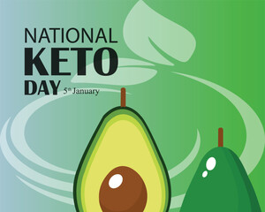 National Keto Day. 5 January. National keto day banner, poster, card and flat illustration. Foods good for the ketogenic diet drawing. Healthy fat foods still life icon vector.