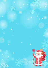 Light blue background with Ded Moroz (Russian Santa Claus), falling snow, blurred drops and snowflakes. Copy space. Vector illustration for poster, presentation, invitation.