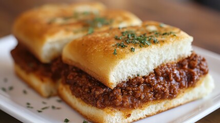 Delicious sloppy joe sliders on toasted buns, garnished with parsley. Perfect for showcasing comfort food, menus, or food blogs.
