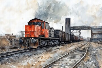 Freight train in motion industrial area watercolor illustration urban environment side view transportation concept