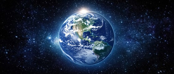 Obraz premium Stunning Earth View from Space: Captivating Global Landscape in Cosmic Nebula, Planetary Orbit with Sunlight and Stars, Ideal for Environmental Themes