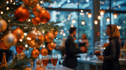 Employees at a corporate holiday party. Smartly dressed, smiling people celebrate Christmas at work.