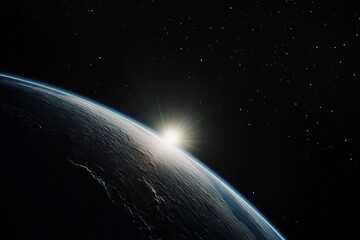 Stunning Earthrise with Sunlight Breaking Over Horizon - Captivating Outer Space View of Planet Earth at Dawn, Stars in Dark Sky