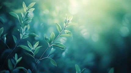 Green leaves on a branch with dreamy sunlight and blurred background